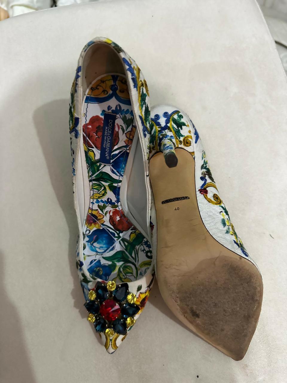 Multicolor Majolica Print Brocade Fabric Bellucci Crystal Embellished Pointed Toe Pumps - Endless - UAE Rental and Resale for Women's Fashion