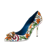 Multicolor Majolica Print Brocade Fabric Bellucci Crystal Embellished Pointed Toe Pumps - Endless - UAE Rental and Resale for Women's Fashion