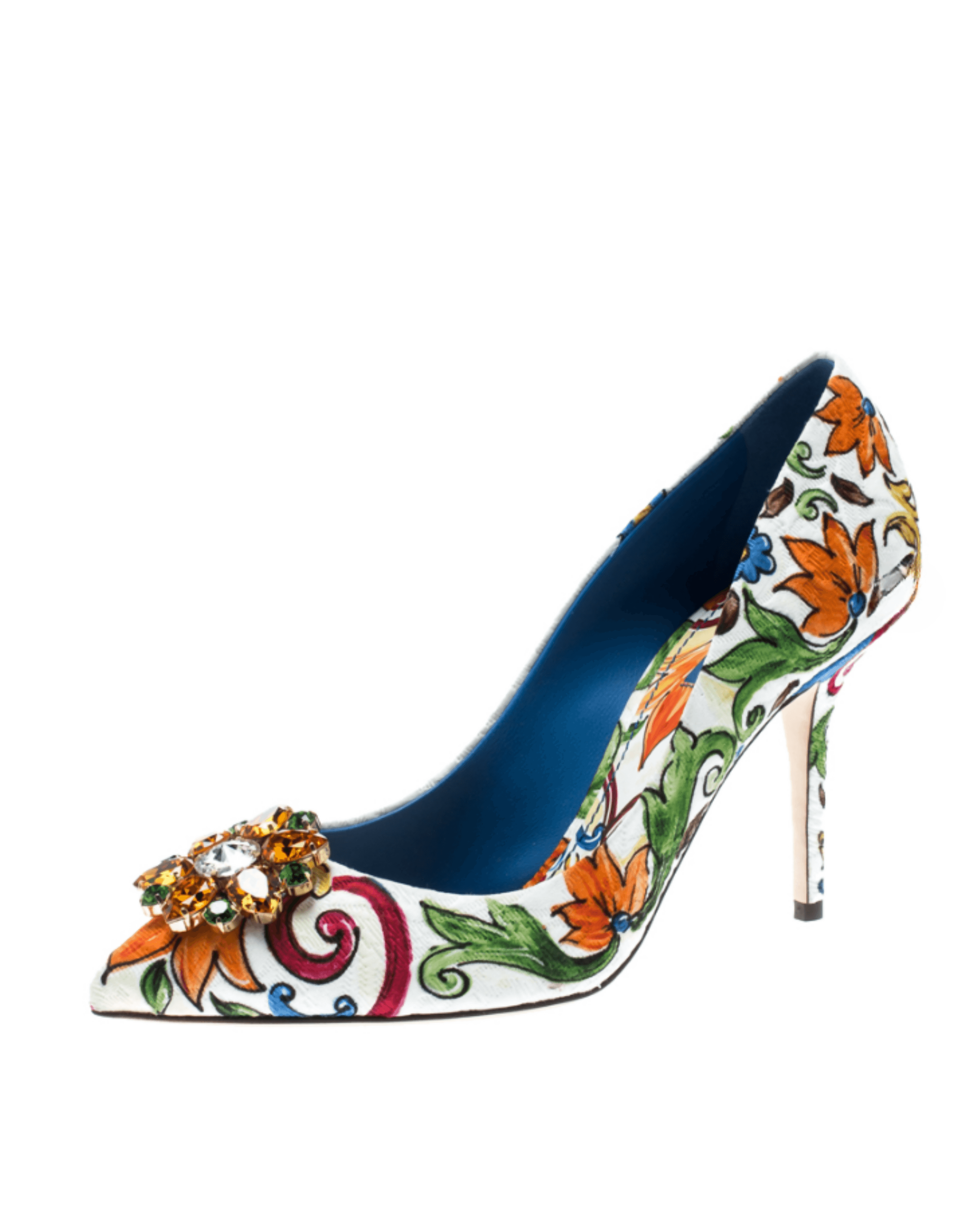 Multicolor Majolica Print Brocade Fabric Bellucci Crystal Embellished Pointed Toe Pumps - Endless - UAE Rental and Resale for Women's Fashion