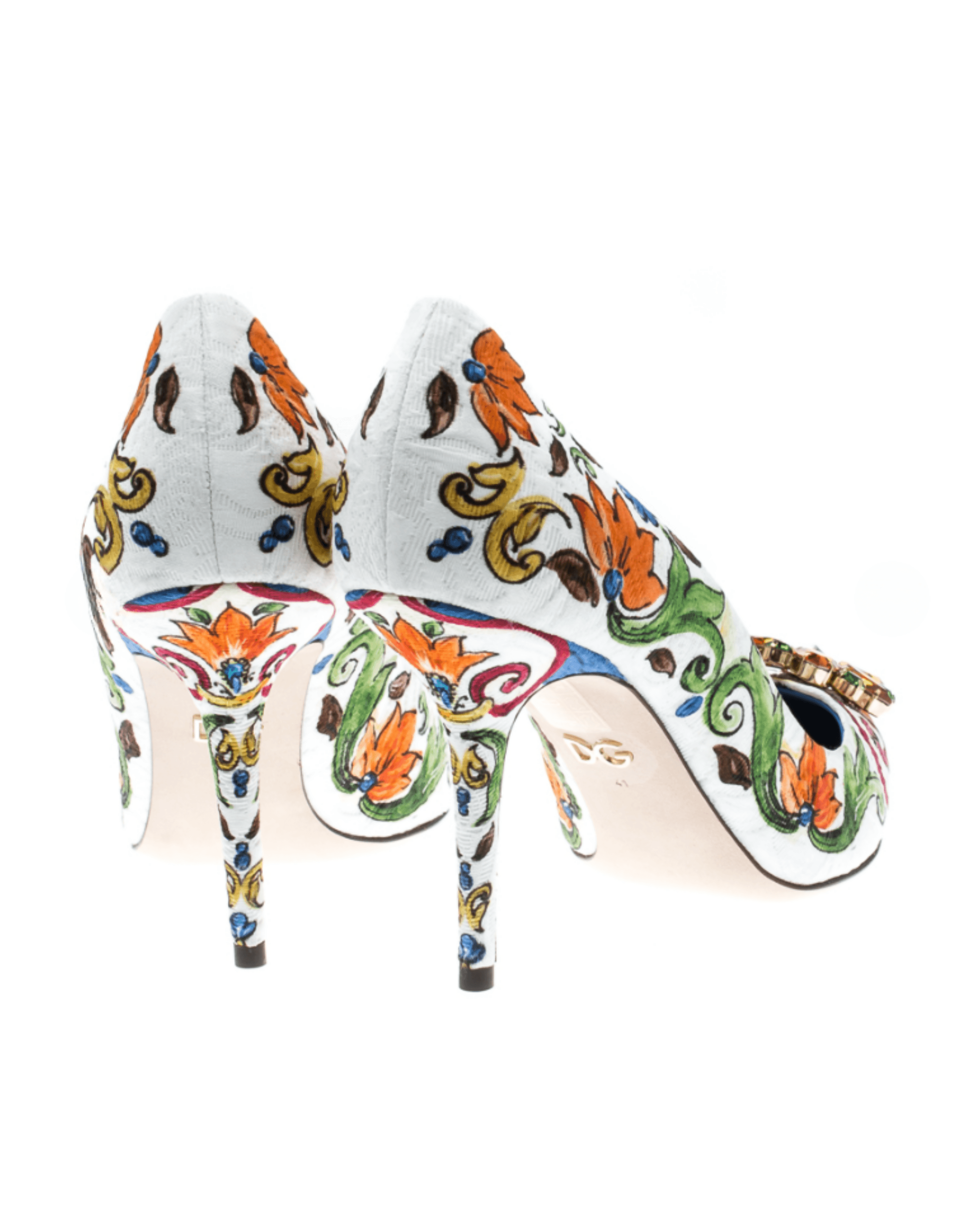 Multicolor Majolica Print Brocade Fabric Bellucci Crystal Embellished Pointed Toe Pumps - Endless - UAE Rental and Resale for Women's Fashion