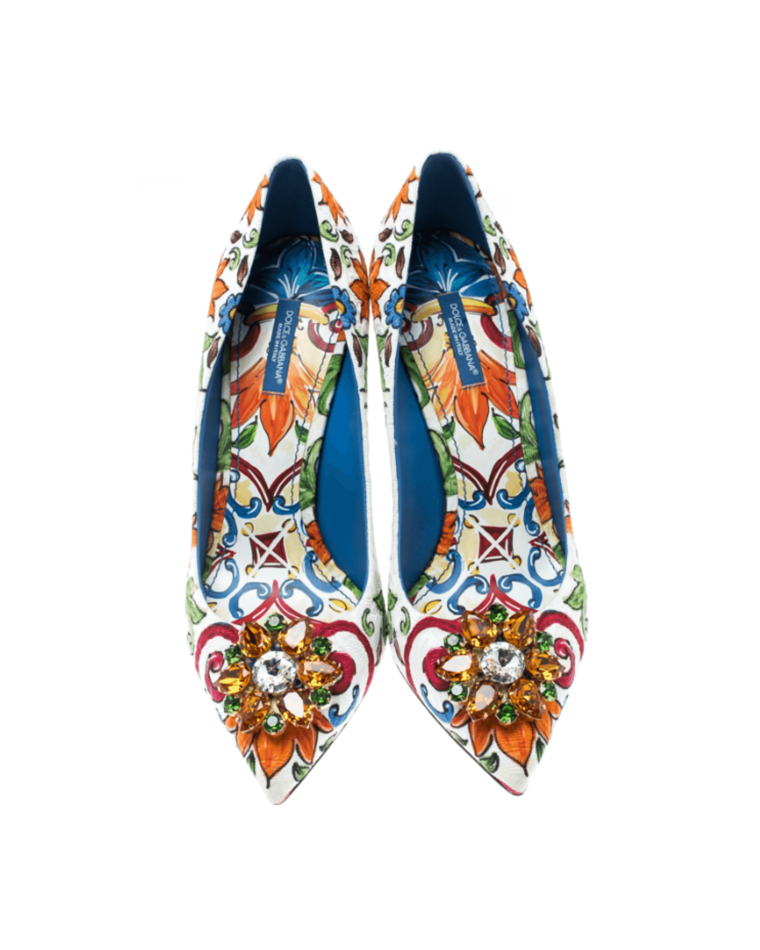 Multicolor Majolica Print Brocade Fabric Bellucci Crystal Embellished Pointed Toe Pumps - Endless - UAE Rental and Resale for Women's Fashion
