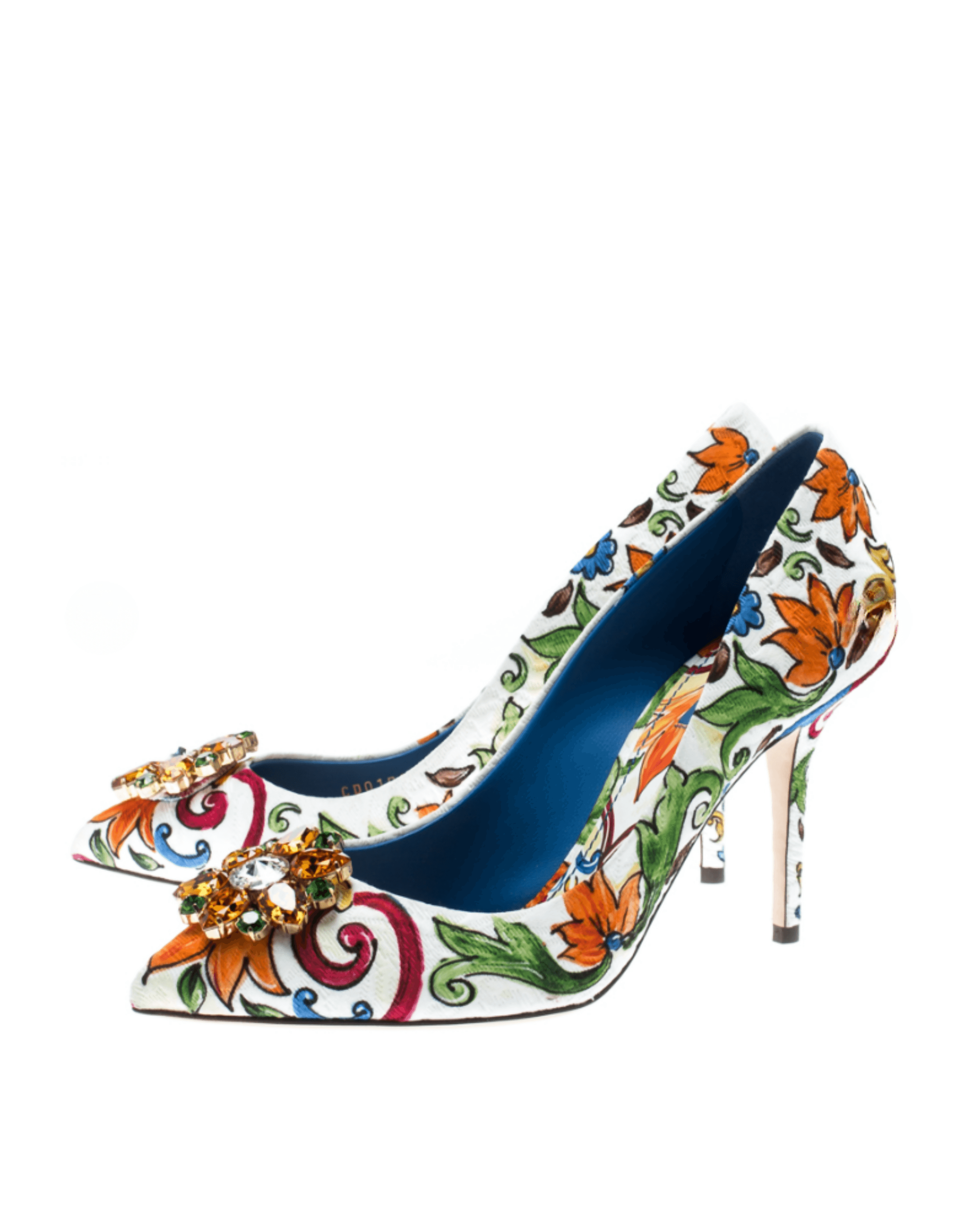 Multicolor Majolica Print Brocade Fabric Bellucci Crystal Embellished Pointed Toe Pumps - Endless - UAE Rental and Resale for Women's Fashion
