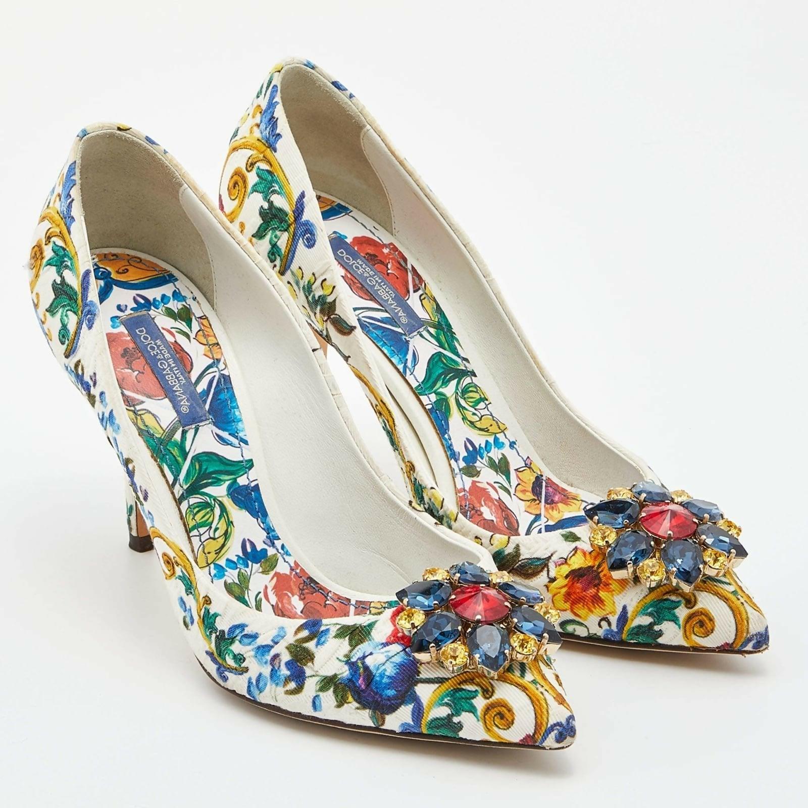 Multicolor Majolica Print Brocade Fabric Bellucci Crystal Embellished Pointed Toe Pumps - Endless - UAE Rental and Resale for Women's Fashion