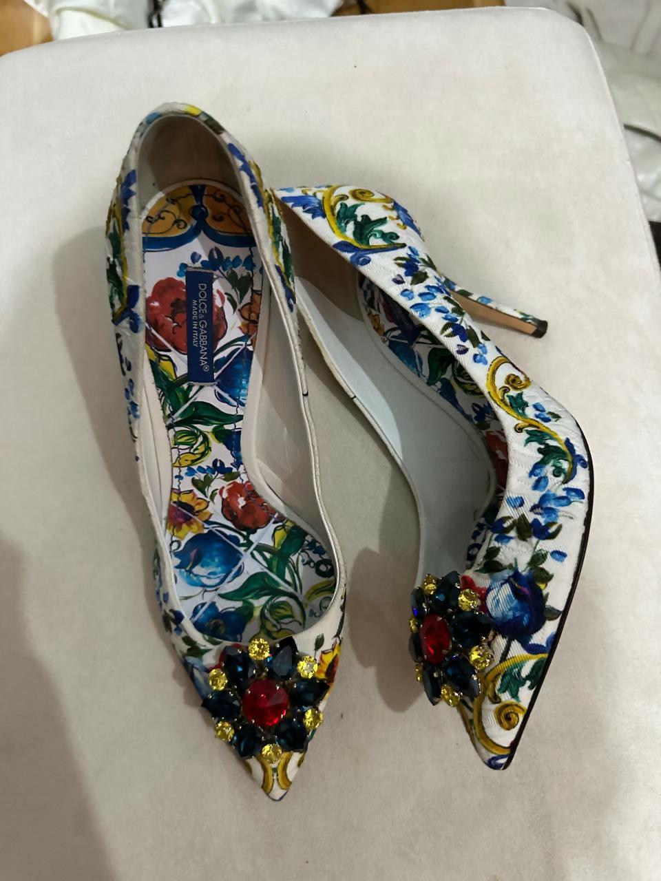Multicolor Majolica Print Brocade Fabric Bellucci Crystal Embellished Pointed Toe Pumps - Endless - UAE Rental and Resale for Women's Fashion