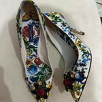 Multicolor Majolica Print Brocade Fabric Bellucci Crystal Embellished Pointed Toe Pumps - Endless - UAE Rental and Resale for Women's Fashion