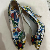 Multicolor Majolica Print Brocade Fabric Bellucci Crystal Embellished Pointed Toe Pumps - Endless - UAE Rental and Resale for Women's Fashion