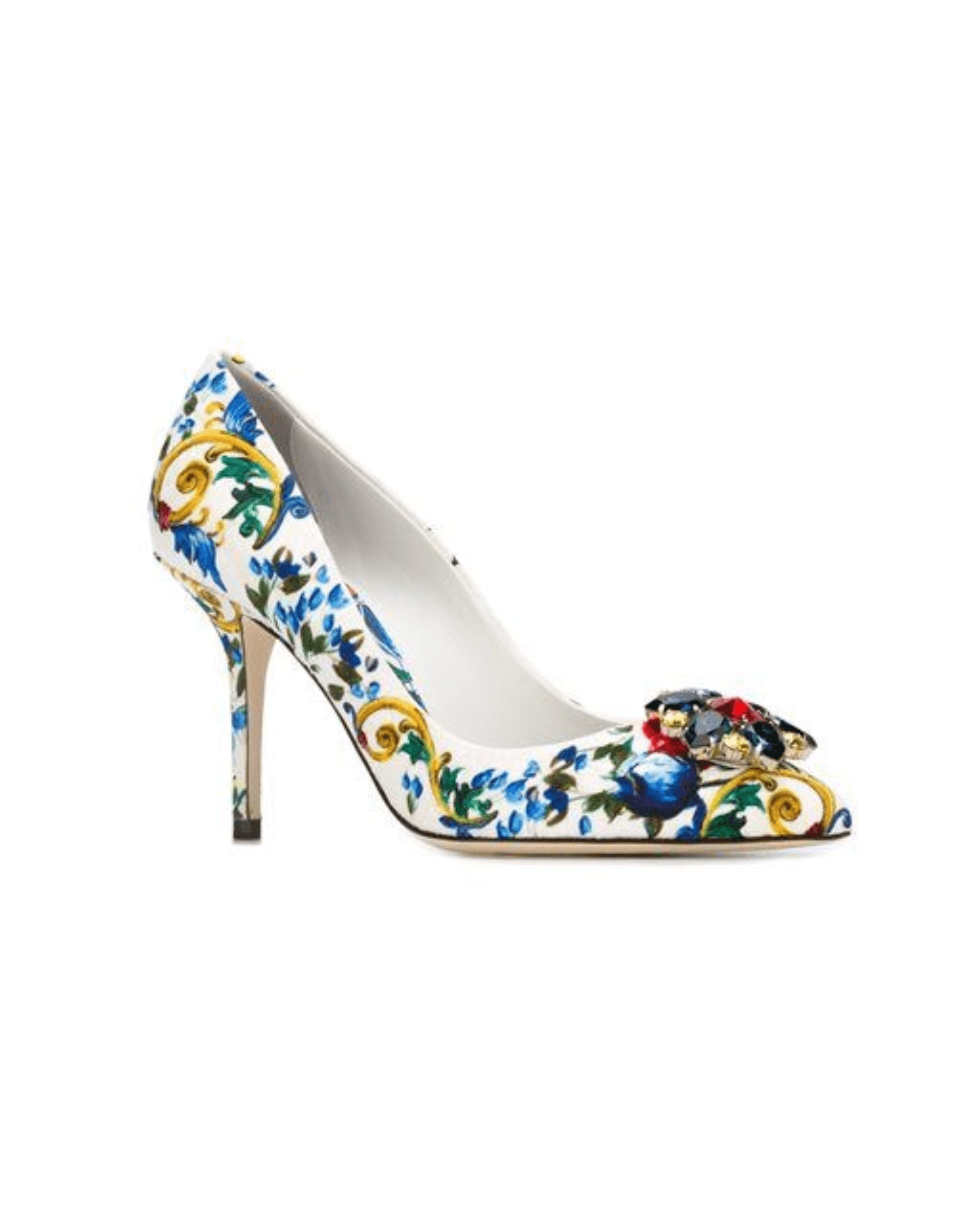 Multicolor Majolica Print Brocade Fabric Bellucci Crystal Embellished Pointed Toe Pumps - Endless - UAE Rental and Resale for Women's Fashion