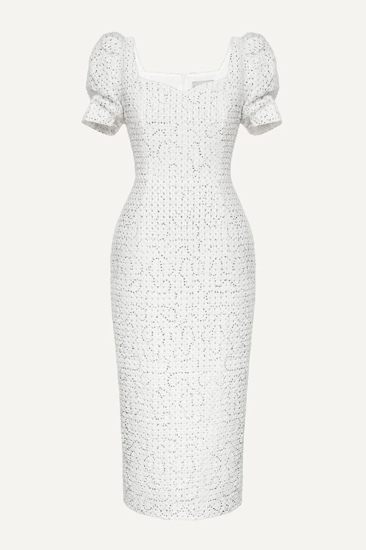 White eyelet embroidered midi dress with puff sleeves and square neckline — Post Meridiem | Endless UAE