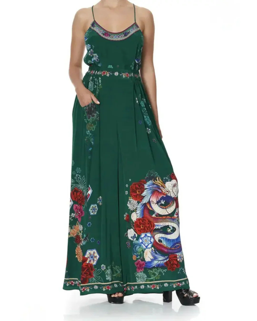 Emerald Wide Leg Pant with Gathered Pockets and Floral Print — Camilla | Endless UAE