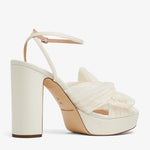 Cream platform heels with pleated bow detail and ankle strap — Loeffler Randall | Endless UAE