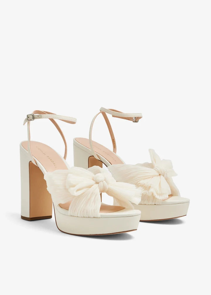 Cream platform heels with pleated bow detail and ankle strap — Loeffler Randall | Endless UAE