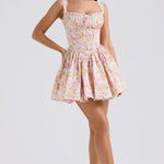 Floral print fit-and-flare mini dress with smocked bodice and full skirt in pink tones — House of CB | Endless UAE