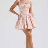 Floral print fit-and-flare mini dress with smocked bodice and full skirt in pink tones — House of CB | Endless UAE