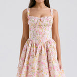 Pink floral print mini dress with ruched bodice, gathered bust, fitted waist and flared skirt — House of CB | Endless UAE