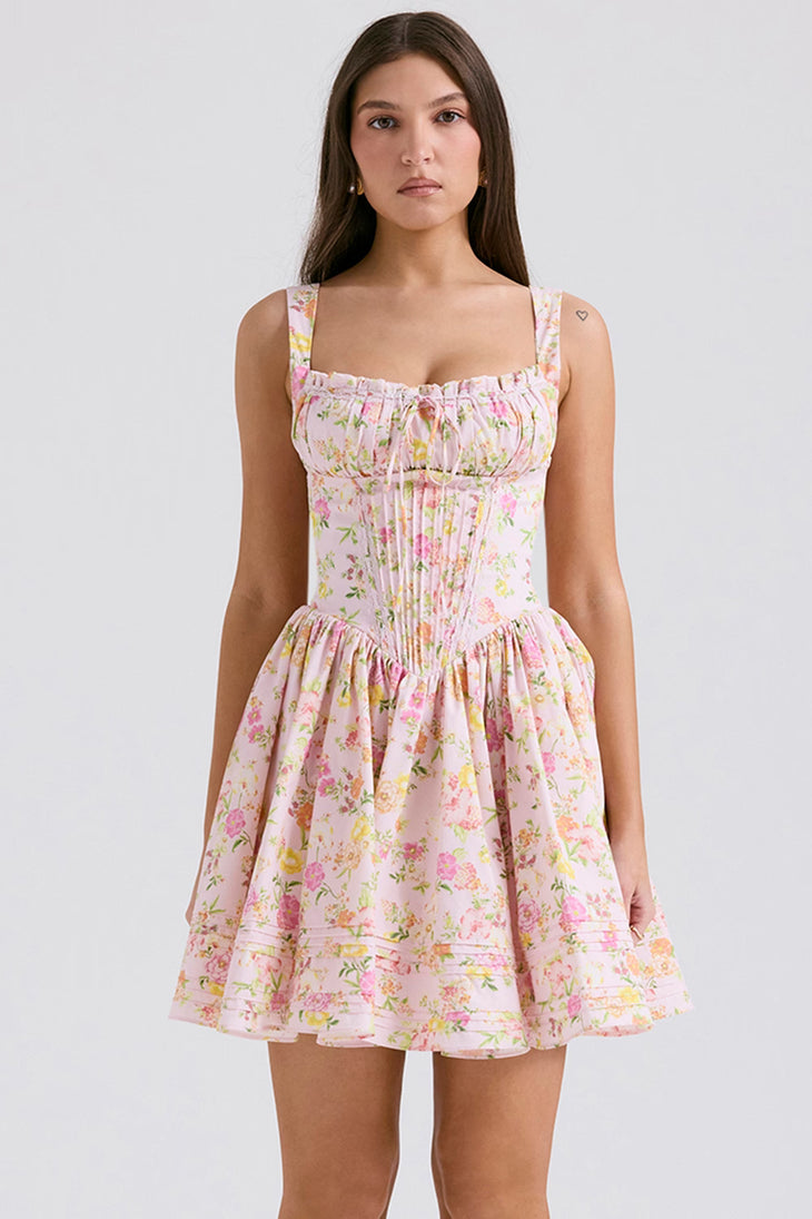 Pink floral print mini dress with ruched bodice, gathered bust, fitted waist and flared skirt — House of CB | Endless UAE