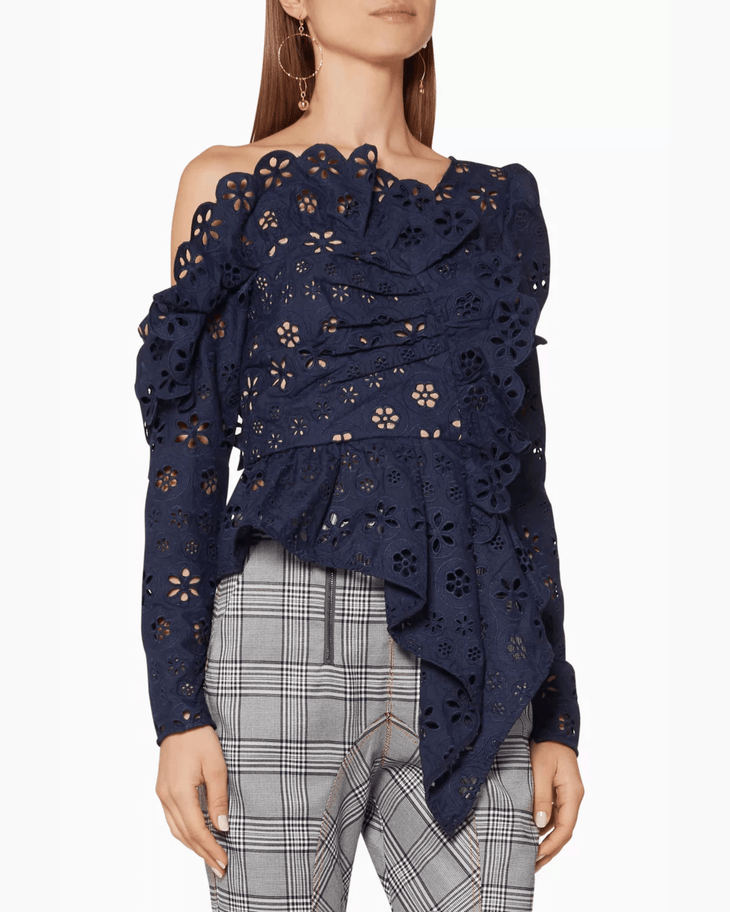 Navy Asymmetric Floral Broderie Frill Top - Endless - UAE Rental and Resale for Women's Fashion