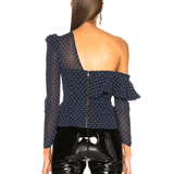 Navy Blue Swiss Dot Draped One Shoulder Blouse - Endless - UAE Rental and Resale for Women's Fashion