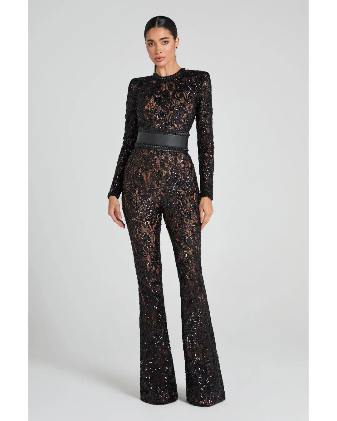 Black lace long-sleeve jumpsuit with studded belt and flared pants — Nadine Merabi | Endless UAE