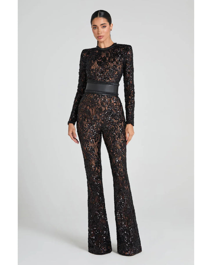 Black lace long-sleeve jumpsuit with studded belt and flared pants — Nadine Merabi | Endless UAE