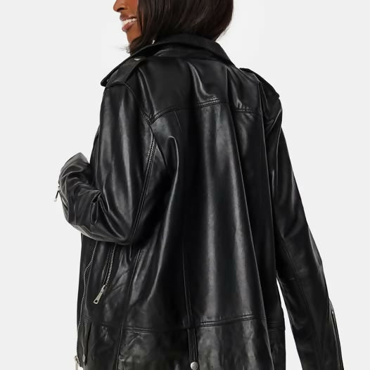 Black oversized leather jacket with zipper closure, worn from behind showing relaxed fit and soft drape — Selected Femme | Endless UAE