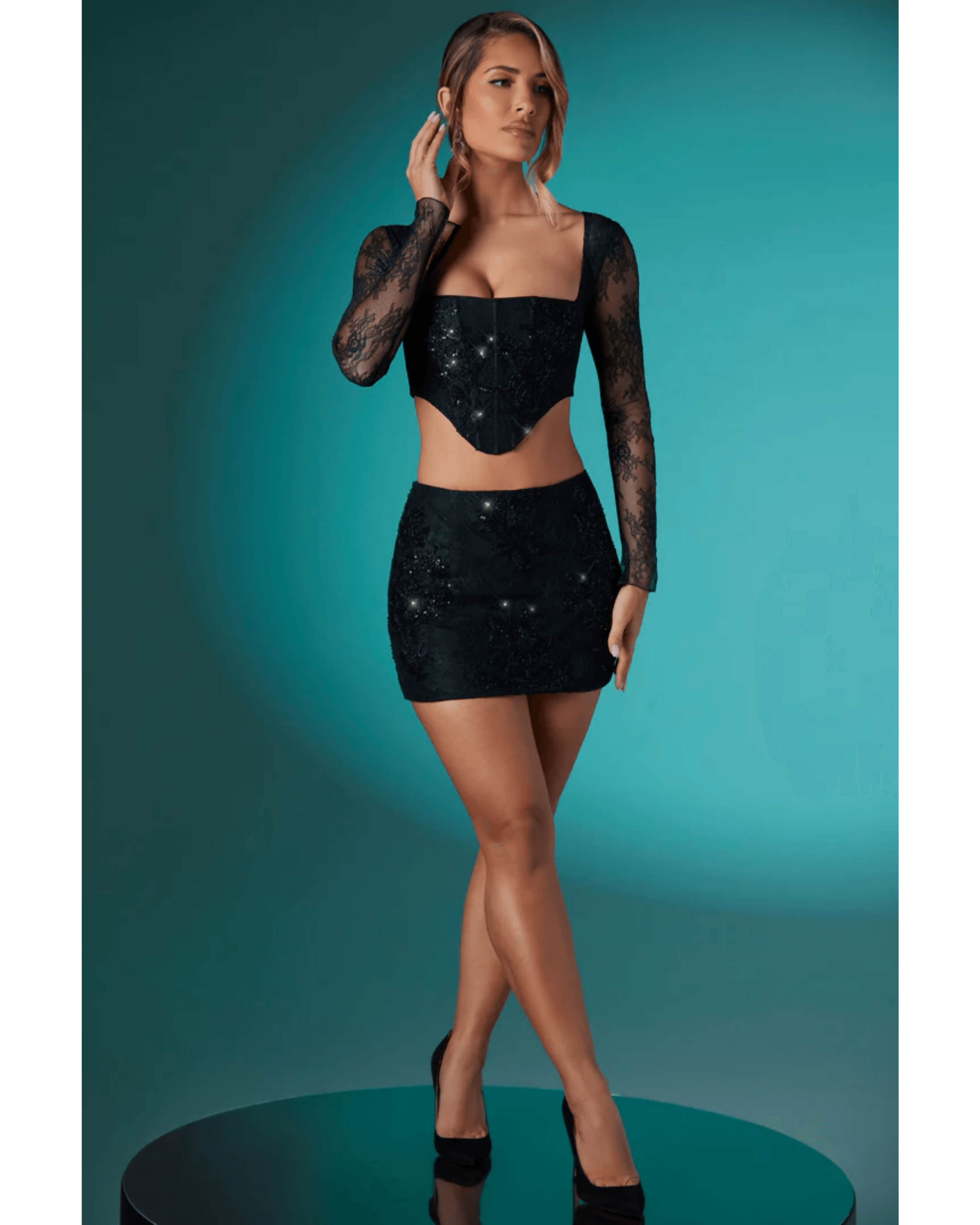 Neve Long Sleeve Corset Top & Romy Embellished Mini Skirt Set - Endless - UAE Rental and Resale for Women's Fashion