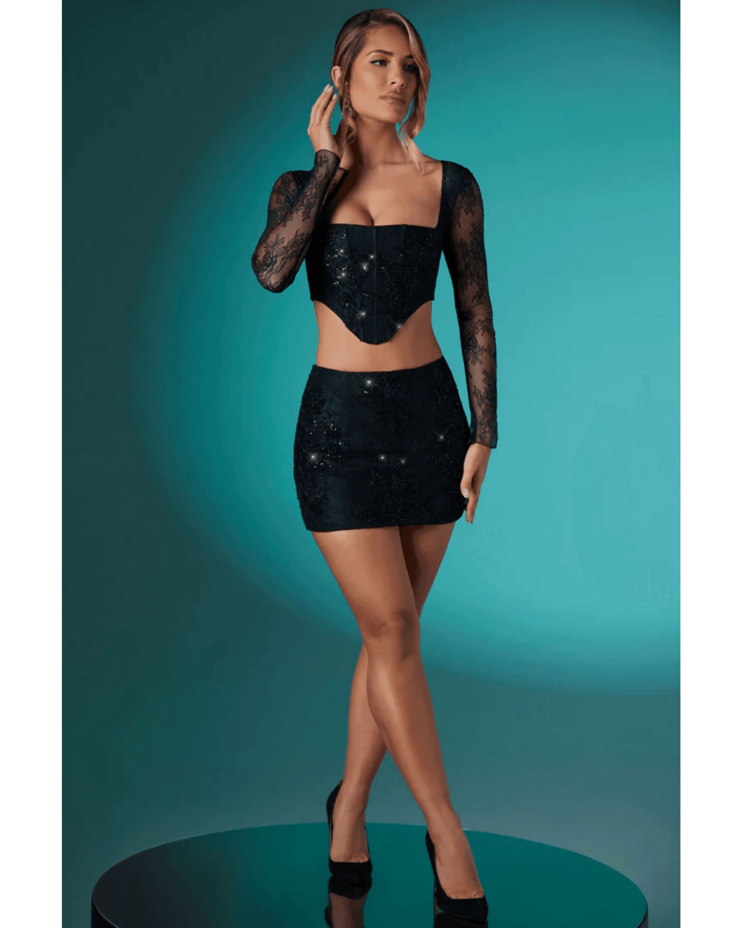 Neve Long Sleeve Corset Top & Romy Embellished Mini Skirt Set - Endless - UAE Rental and Resale for Women's Fashion