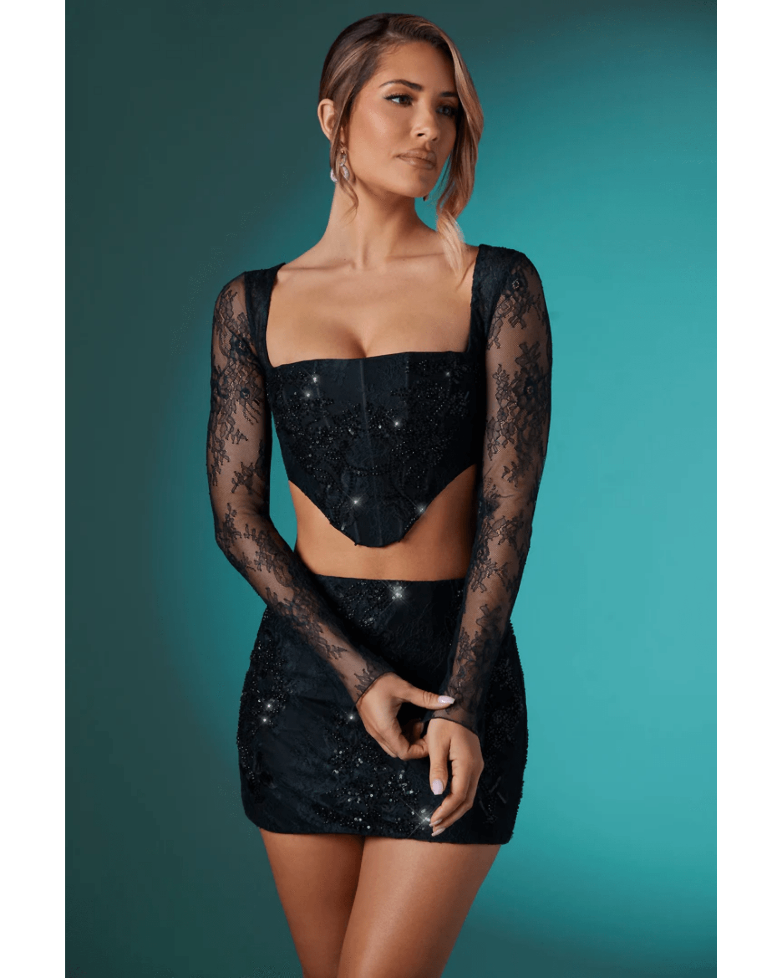 Neve Long Sleeve Corset Top & Romy Embellished Mini Skirt Set - Endless - UAE Rental and Resale for Women's Fashion