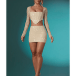 Neve Long Sleeve Embellished Lace Corset Crop Top in Ivory - Endless - UAE Rental and Resale for Women's Fashion