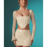 Neve Long Sleeve Embellished Lace Corset Crop Top in Ivory - Endless - UAE Rental and Resale for Women's Fashion