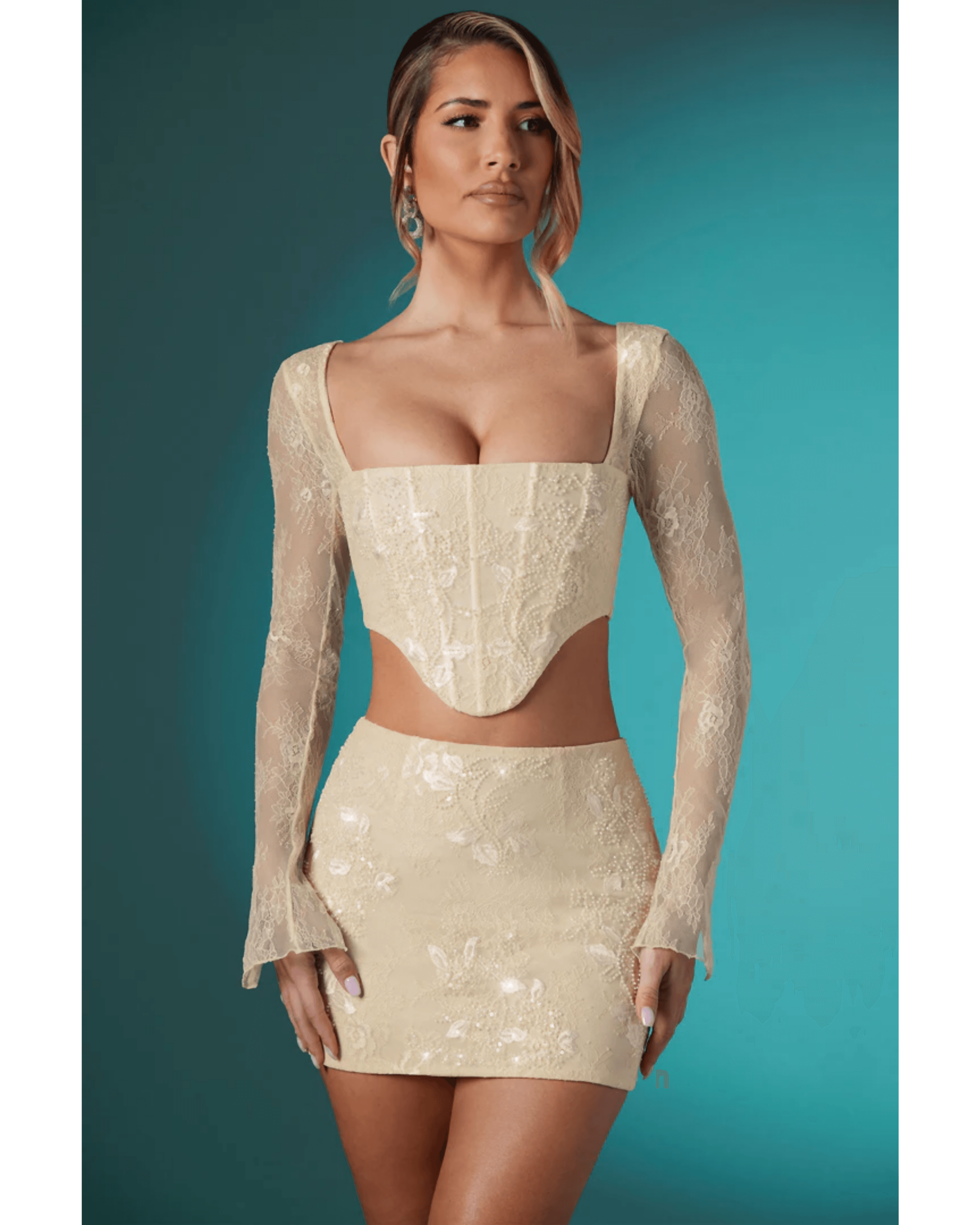 Neve Long Sleeve Embellished Lace Corset Crop Top in Ivory - Endless - UAE Rental and Resale for Women's Fashion
