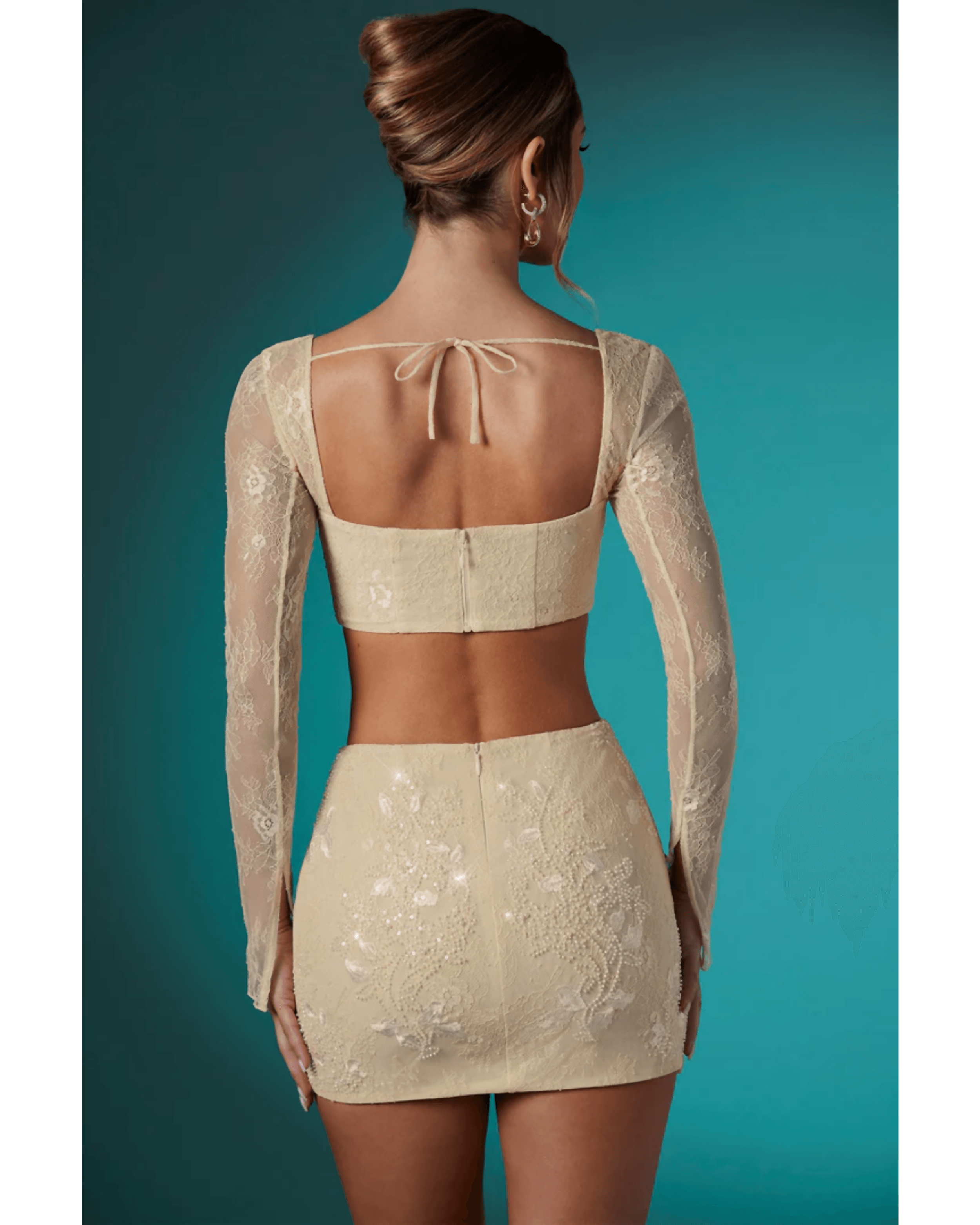 Neve Long Sleeve Embellished Lace Corset Crop Top in Ivory - Endless - UAE Rental and Resale for Women's Fashion