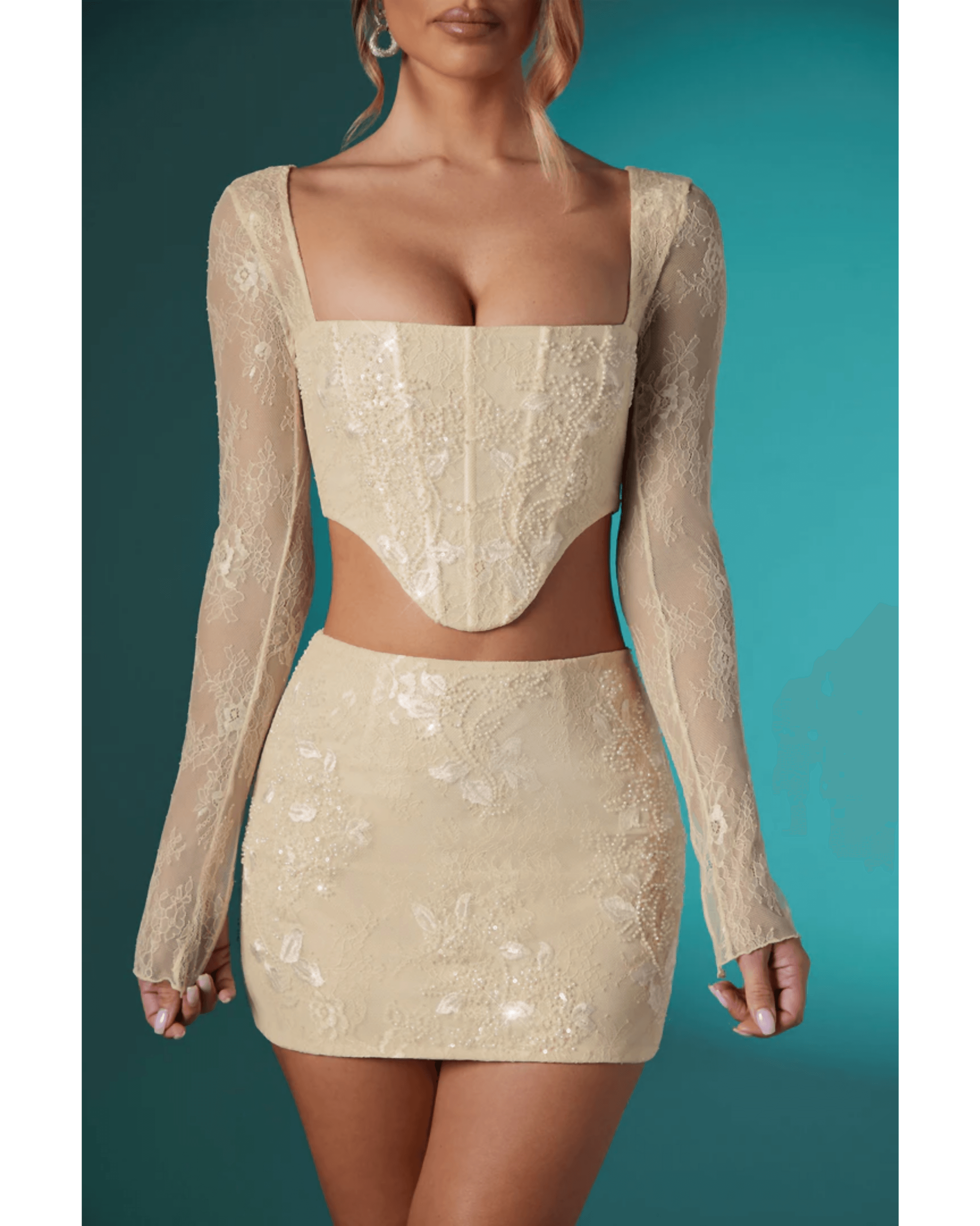 Neve Long Sleeve Embellished Lace Corset Crop Top in Ivory - Endless - UAE Rental and Resale for Women's Fashion