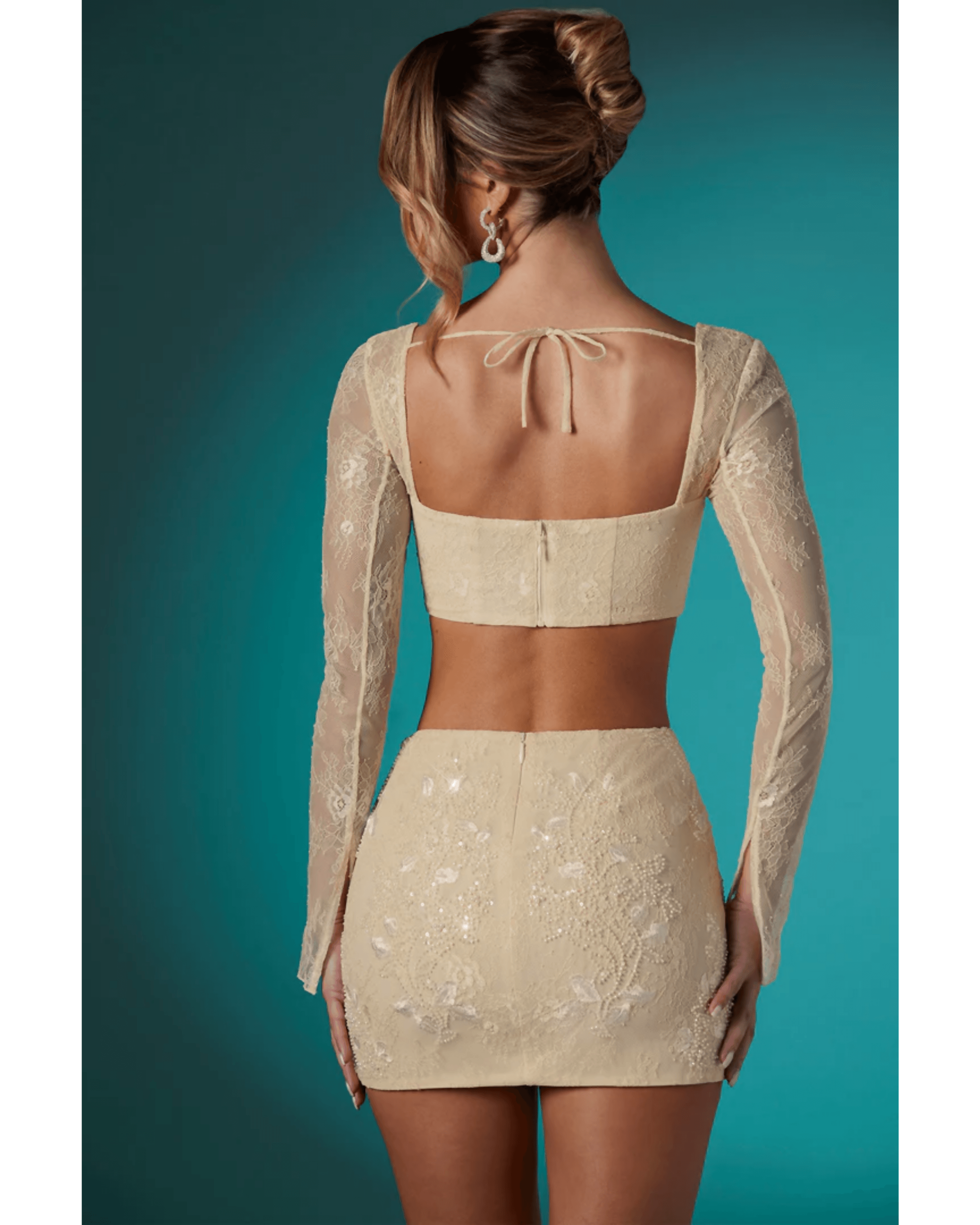 Neve Long Sleeve Embellished Lace Corset Crop Top in Ivory - Endless - UAE Rental and Resale for Women's Fashion
