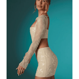 Neve Long Sleeve Embellished Lace Corset Crop Top in Ivory - Endless - UAE Rental and Resale for Women's Fashion