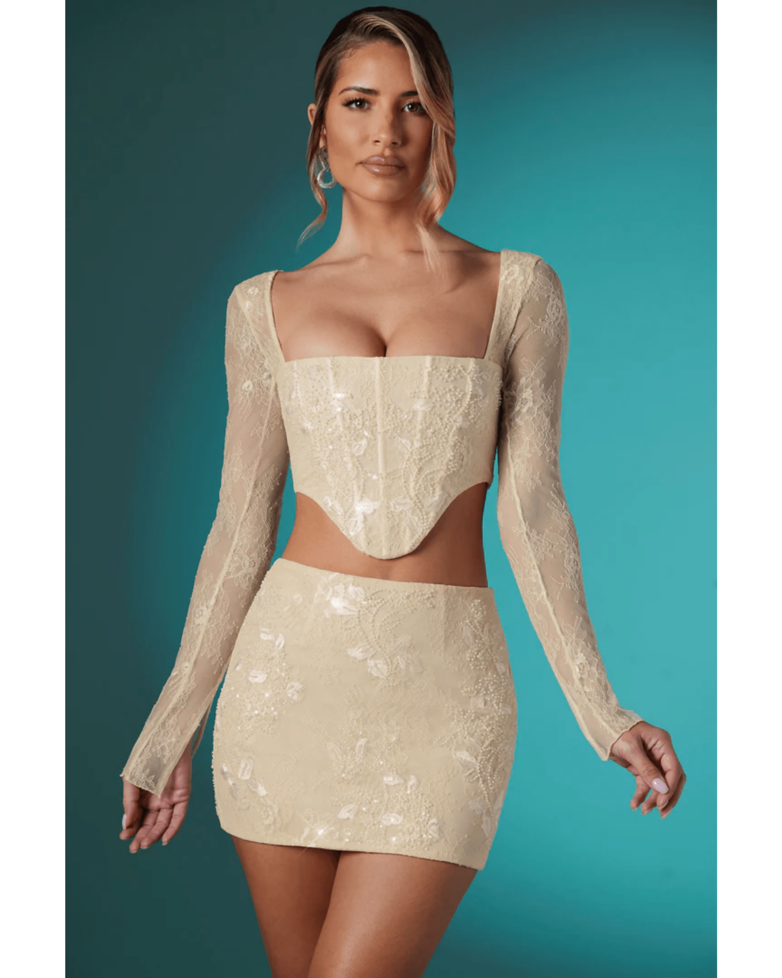 Neve Long Sleeve Embellished Lace Corset Crop Top in Ivory - Endless - UAE Rental and Resale for Women's Fashion