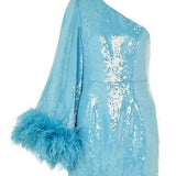 Nicolette One-Shoulder Feather-Trimmed Sequined Stretch-Crepe Mini Dress - Blue - Endless - UAE Rental and Resale for Women's Fashion