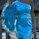 Nicolette One-Shoulder Feather-Trimmed Sequined Stretch-Crepe Mini Dress - Blue - Endless - UAE Rental and Resale for Women's Fashion