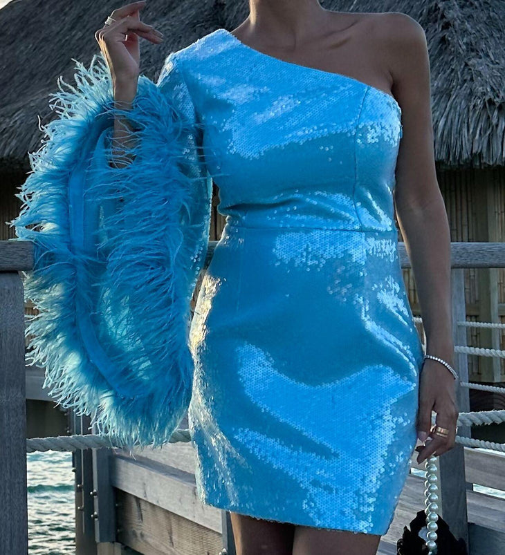 Nicolette One-Shoulder Feather-Trimmed Sequined Stretch-Crepe Mini Dress - Blue - Endless - UAE Rental and Resale for Women's Fashion