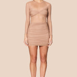 Noemie Mini beige ruched cutout dress with long sleeves and fitted skirt — Nookie | Endless UAE