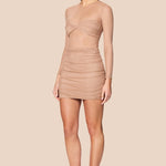Noemie Mini beige ruched cutout dress with long sleeves and fitted skirt — Nookie | Endless UAE