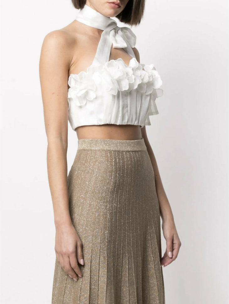 White cropped halter top with floral appliqué detailing and tie neck closure — Zimmermann | Endless UAE
