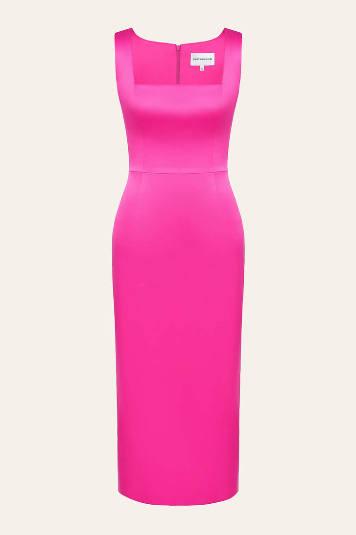 Hot pink sleeveless midi dress with square neckline and back zipper — Post Meridiem | Endless UAE