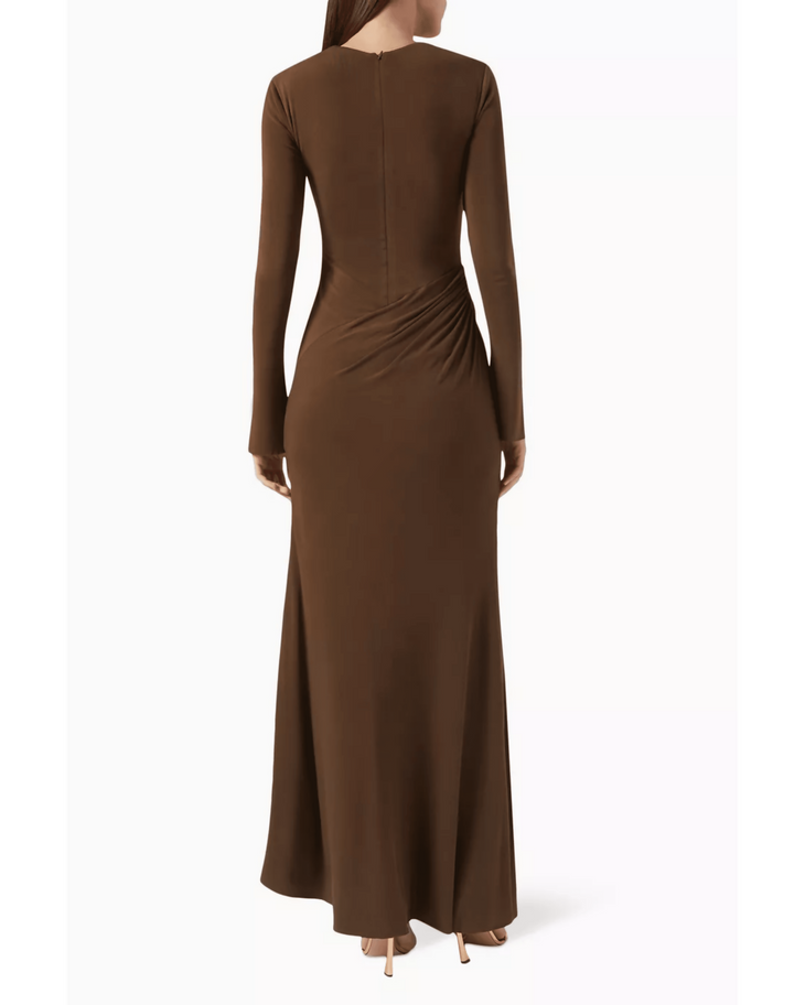Elegant brown long-sleeve maxi dress with side ruching detail and back zipper closure — Chats By C.Dam | Endless UAE