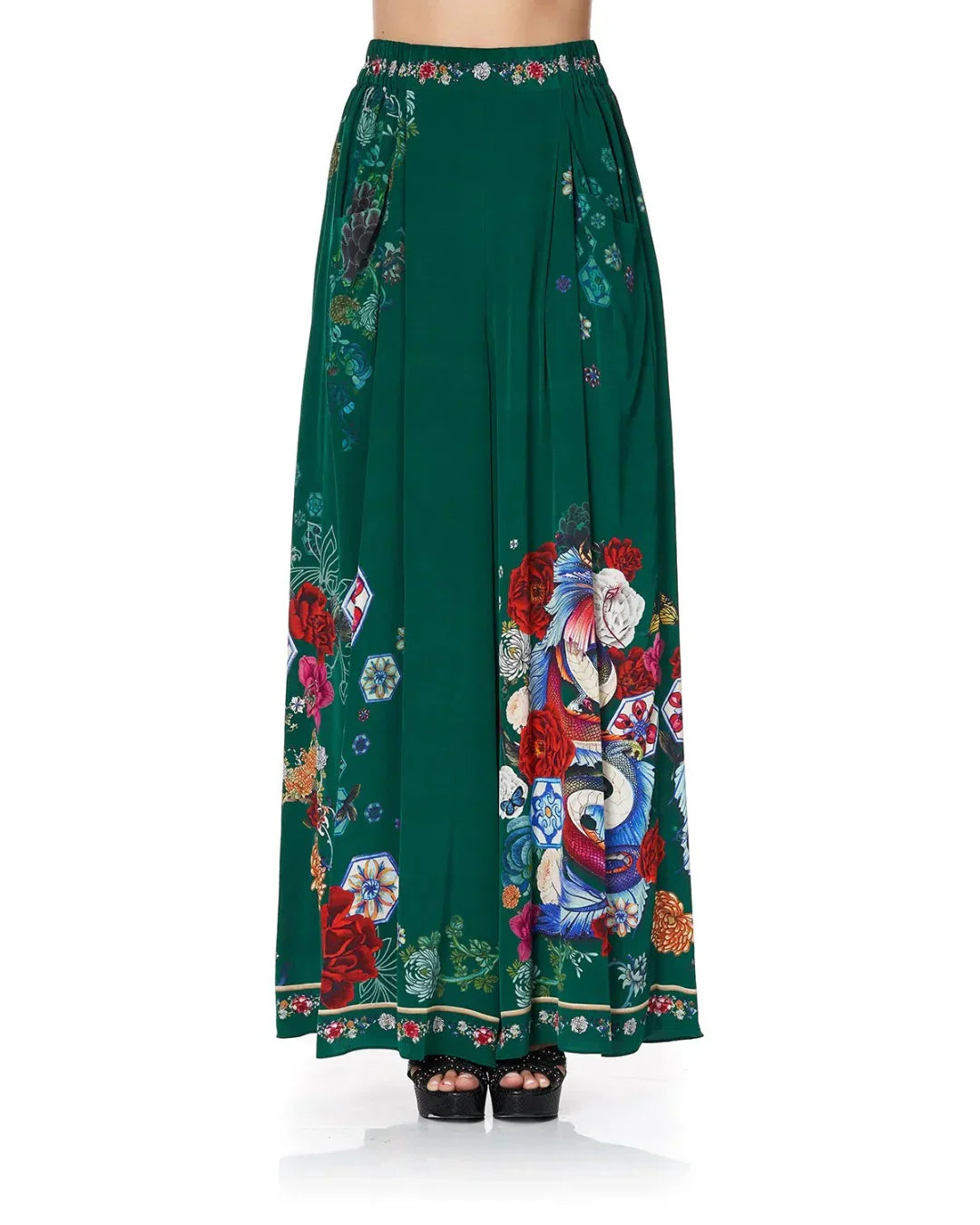 Emerald Wide Leg Pant with Gathered Pockets and Floral Print — Camilla | Endless UAE