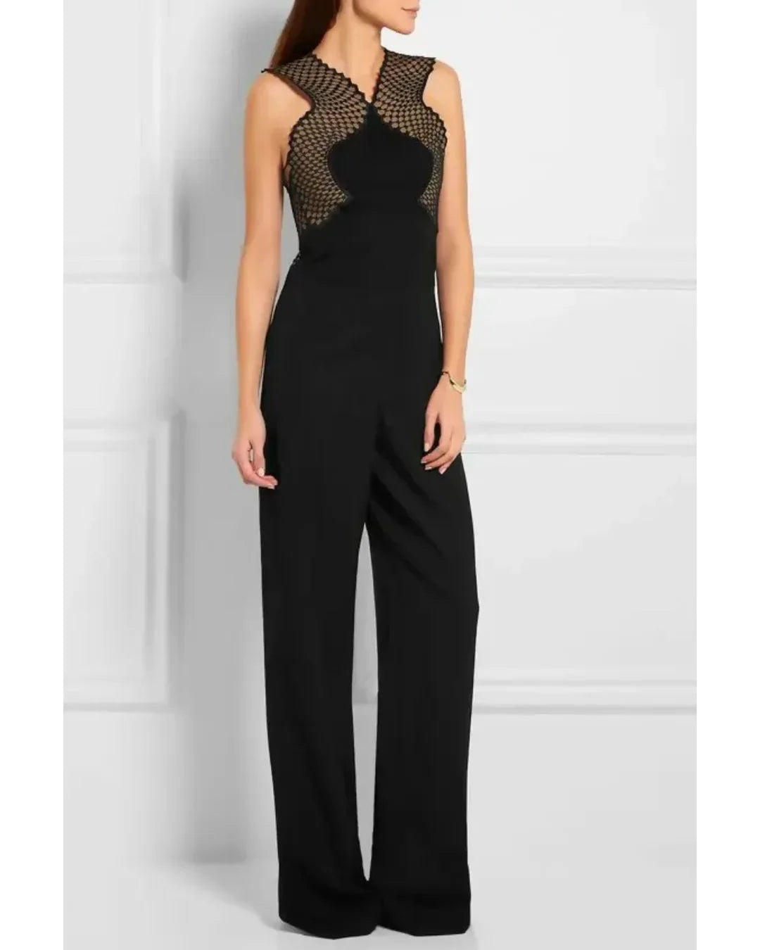 Black sleeveless catsuit with mesh panel details and wide-leg silhouette — Stella McCartney | Endless UAE