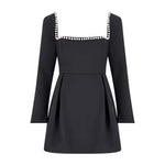 Black mini dress with pearl-trimmed square neckline and long sleeves — Odd Muse | Endless UAE