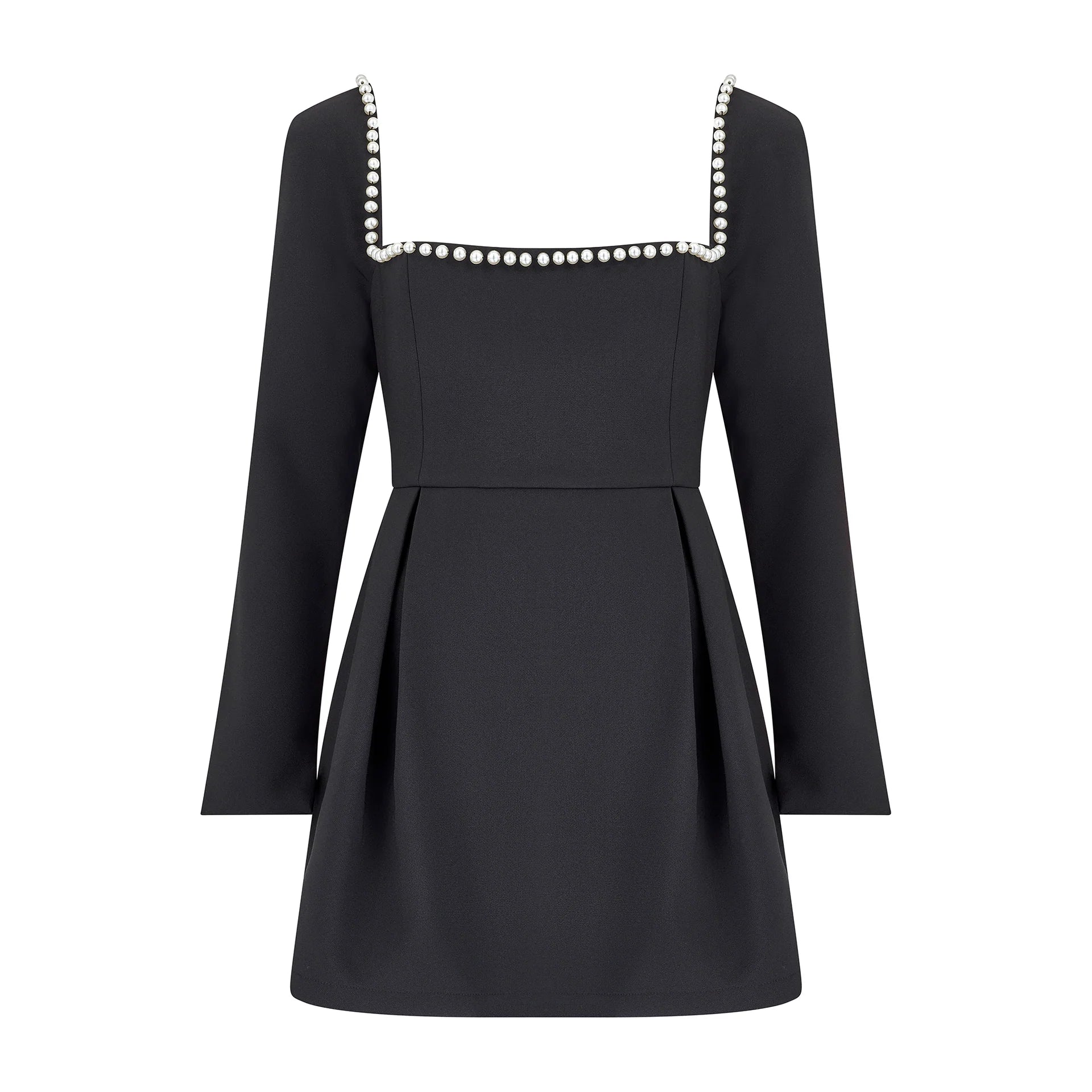 Black mini dress with pearl-trimmed square neckline and long sleeves — Odd Muse | Endless UAE