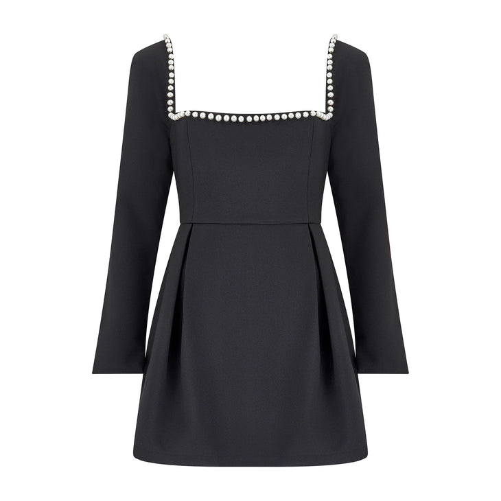Black mini dress with pearl-trimmed square neckline and long sleeves — Odd Muse | Endless UAE