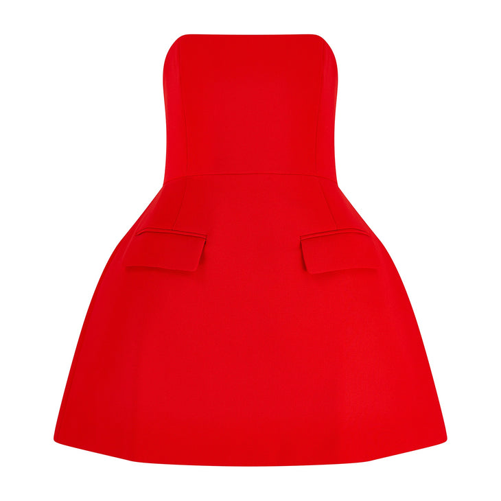 Red strapless mini dress with structured bodice and flared skirt featuring front pockets — Odd Muse | Endless UAE