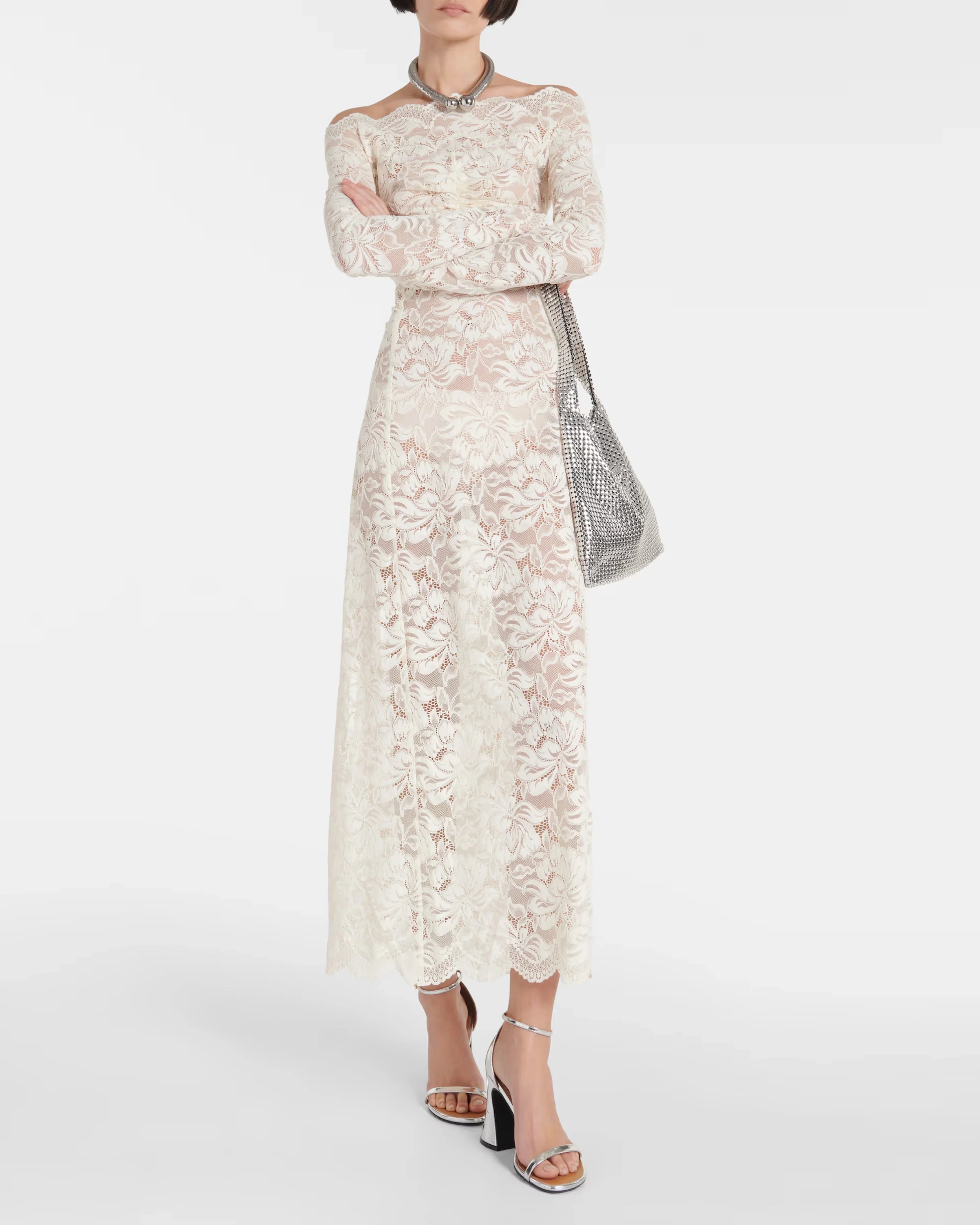Off Shoulder Ivory Lace Maxi Dress - Endless - UAE Rental and Resale for Women's Fashion